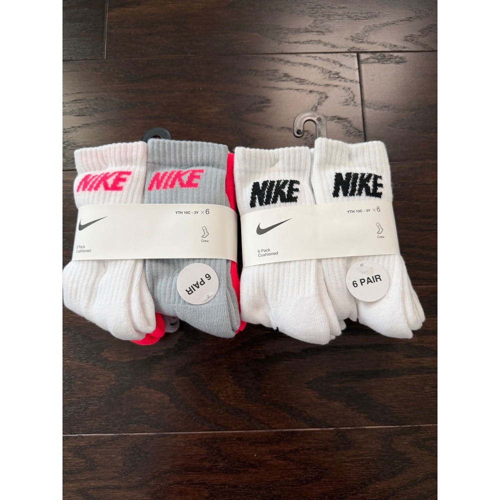 Nike Kids Crew Cushioned Socks 12 Pair Pack White Grey Pink XS 5-7 BN0509-A4F
